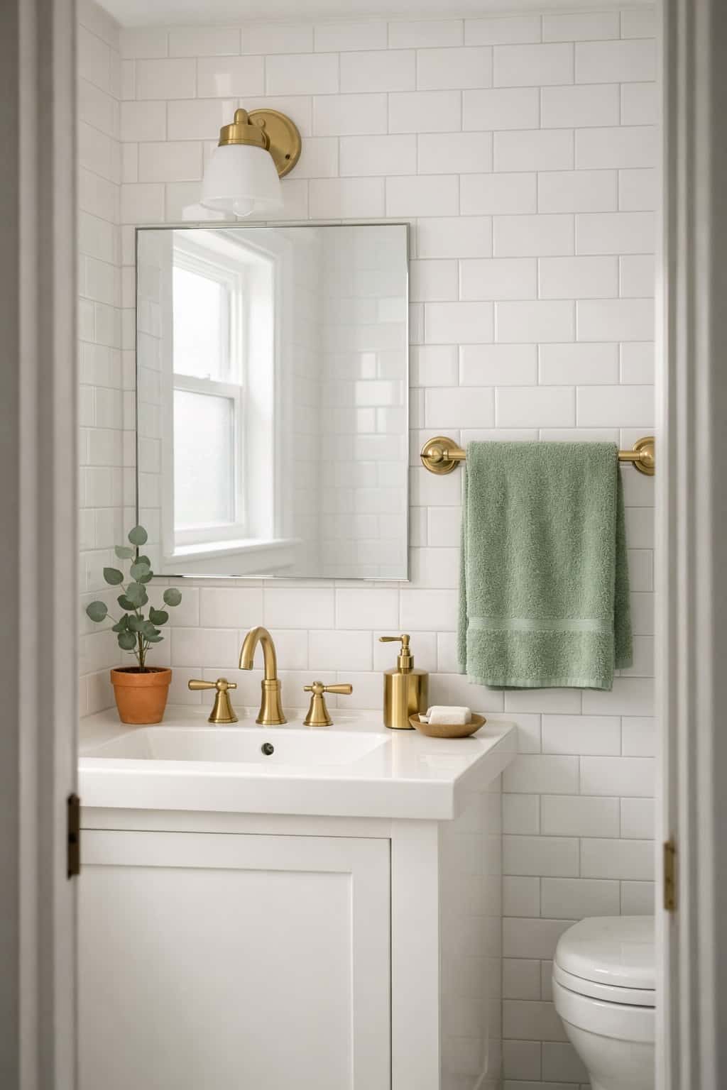 Clean modern bathroom with white subway tiles, brass fixtures and sage green towel