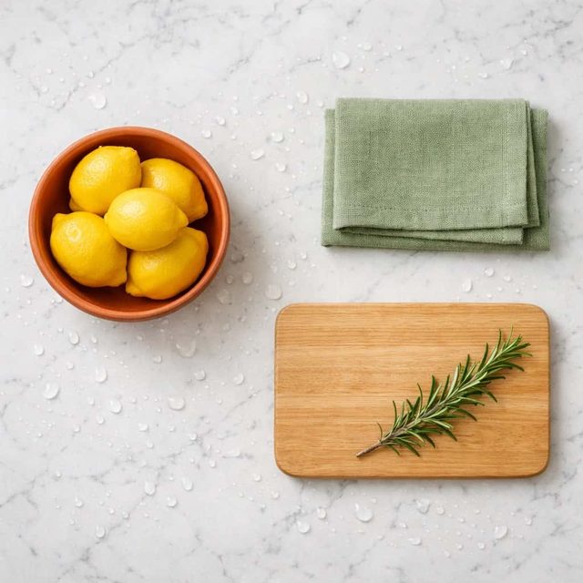 Spotless marble kitchen counter with terracotta bowl of lemons and fresh rosemary