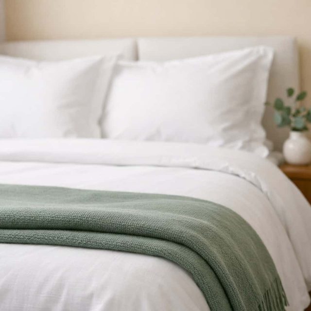 Freshly made bed with crisp white linens and sage green throw blanket